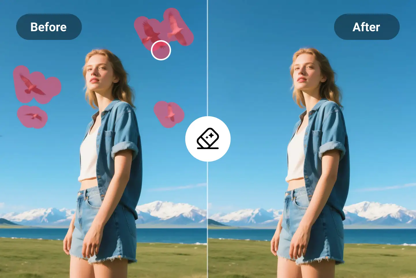 Comparación antes y después mostrando pájaros eliminados del cielo con eliminar objetos de fotos IA