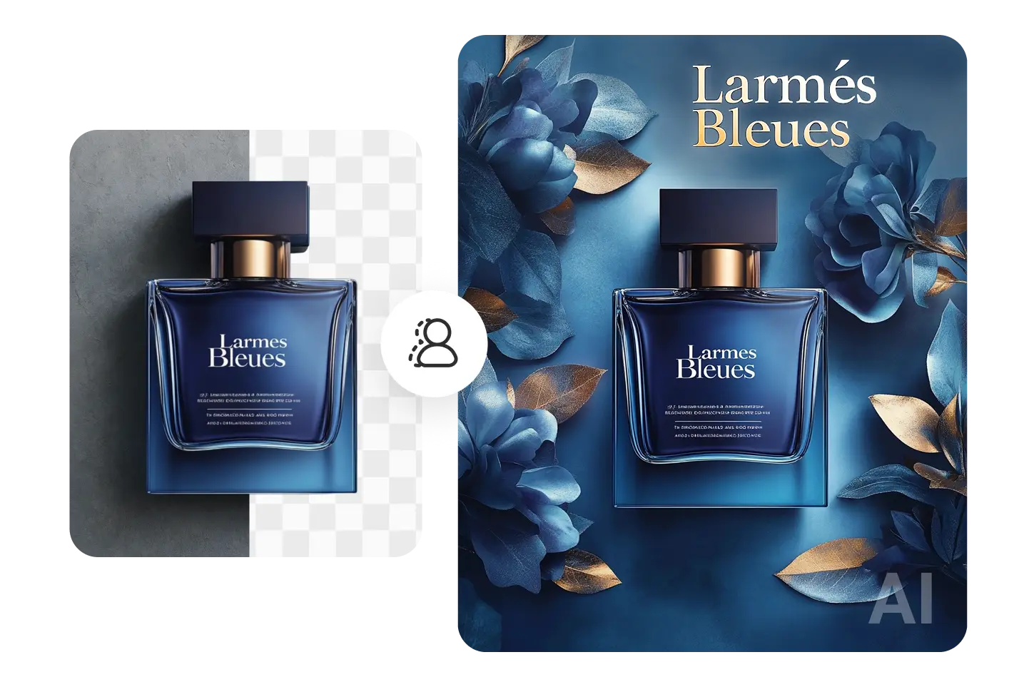 Botella de perfume de lujo con fondo quitado y fondo azul floral suave