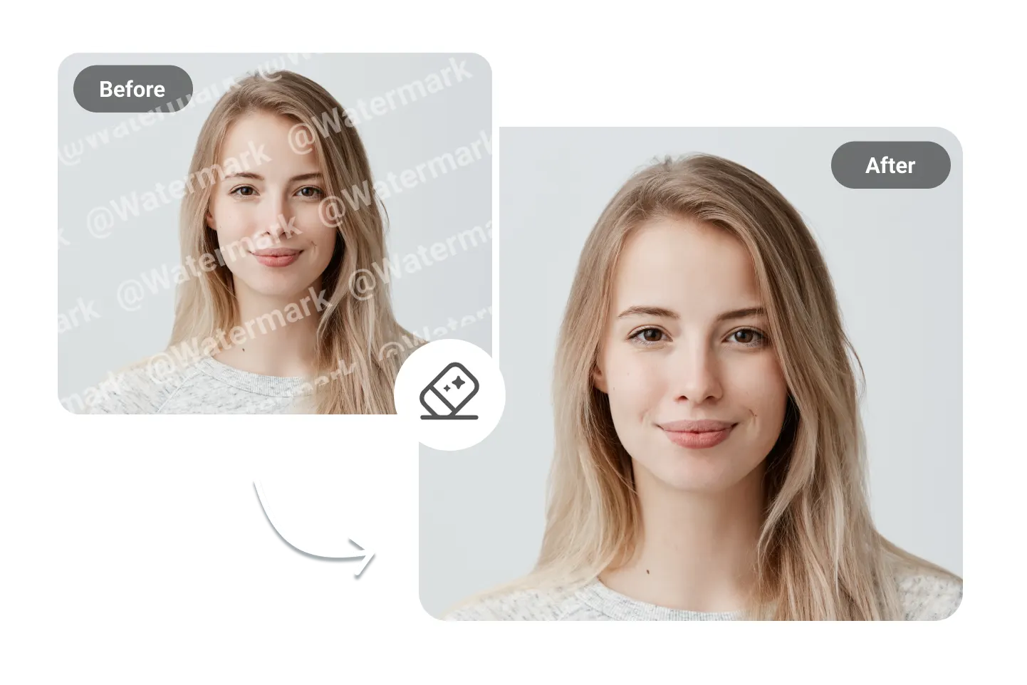Retrato femenino antes y después al quitar marca de agua del rostro