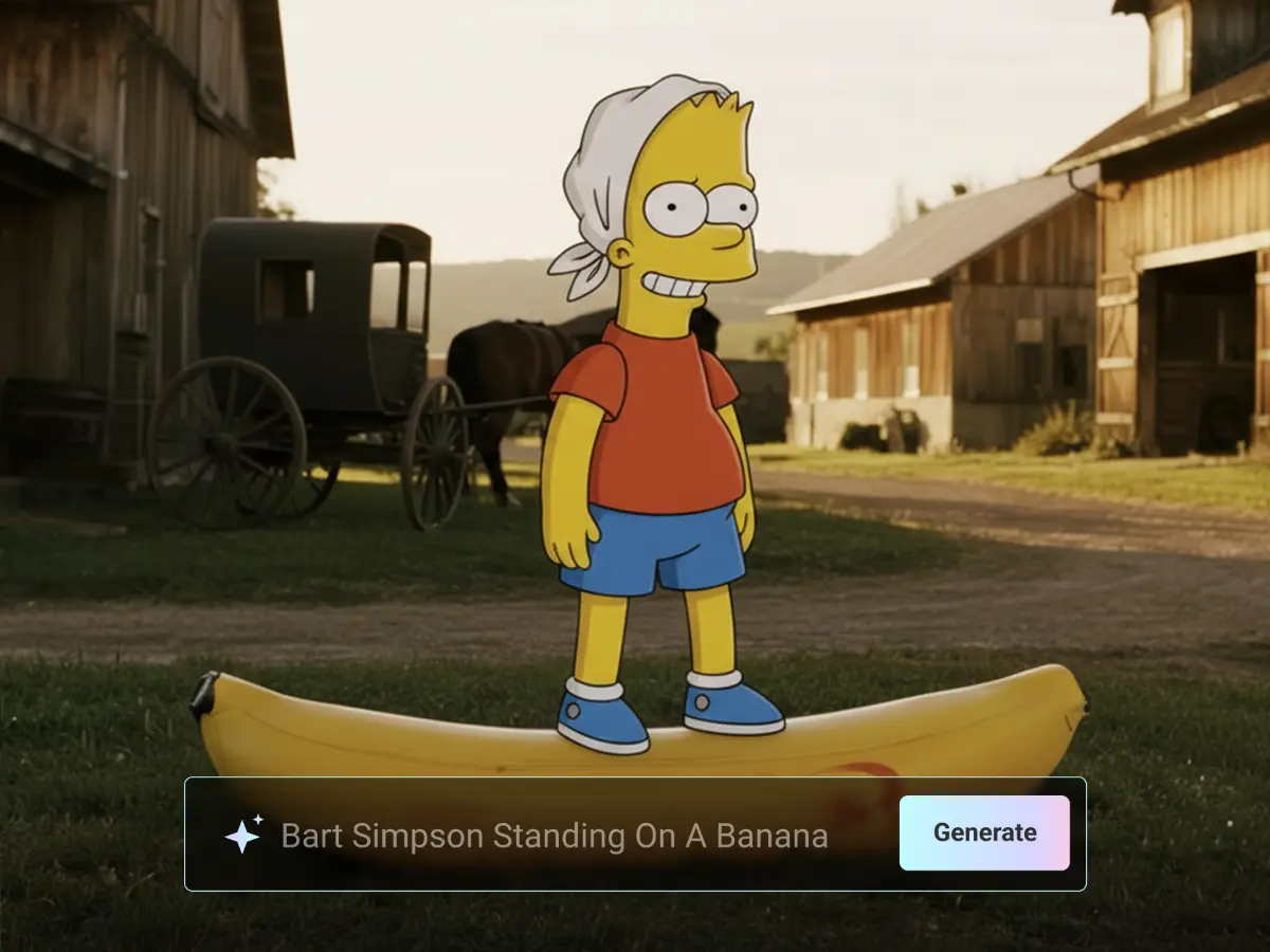 Nano Banana AI creates a cartoon of Bart Simpson standing on a giant banana outdoors.