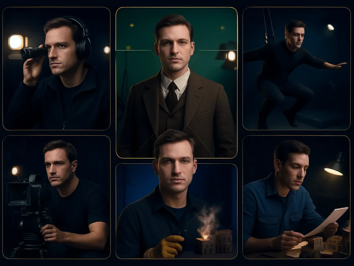 Nano Banana Google generates collage of a male filmmaker on set with binoculars, wearing a suit, filming stunts, operating a camera, testing props in a lab, and reading paperwork.
