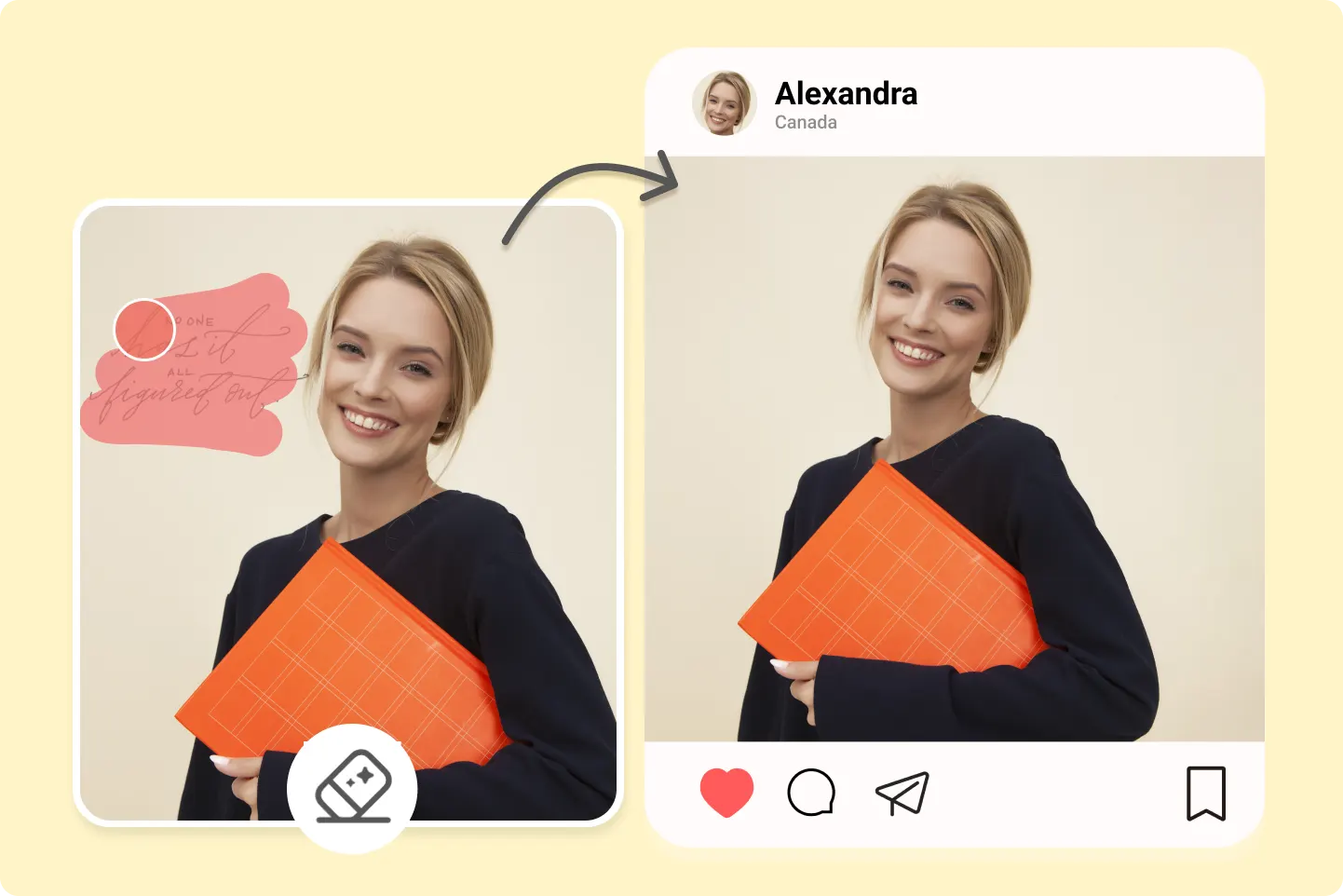 Foto estilo Instagram de mujer con carpeta naranja tras quitar marca de agua y texto para perfil limpio