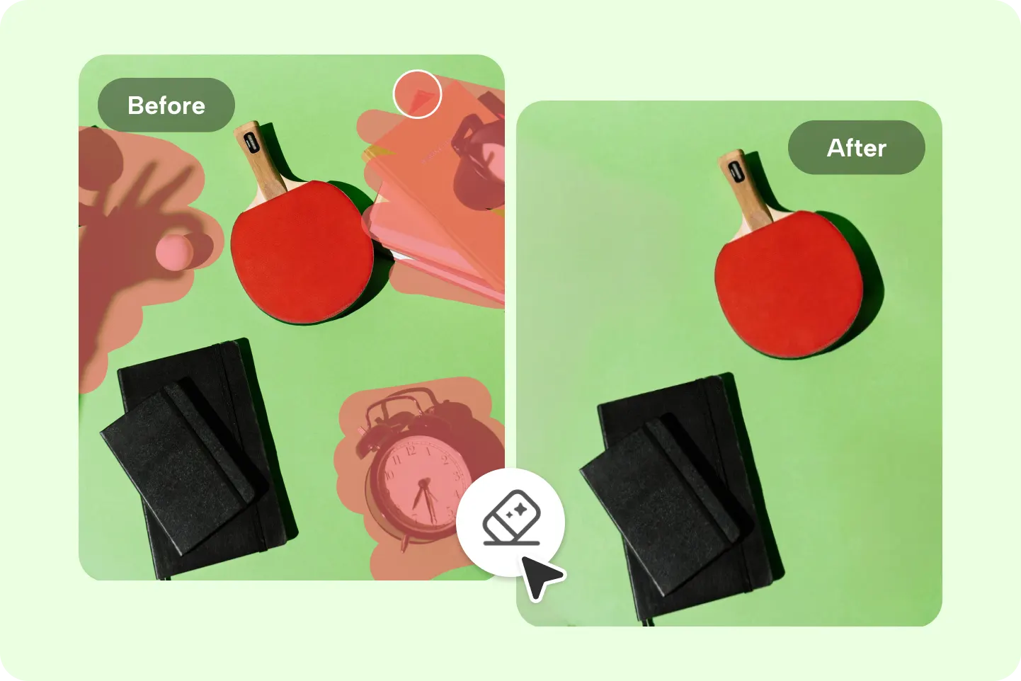 Vista plana de paleta de ping-pong y cuadernos tras quitar marca de agua y sombras del fondo