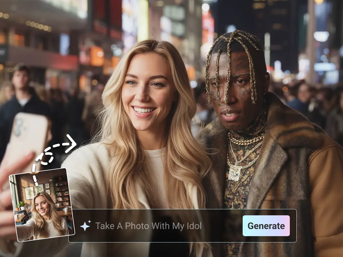Smiling woman takes a selfie with her idol in a neon-lit city street at night, created by Nano Banana AI.