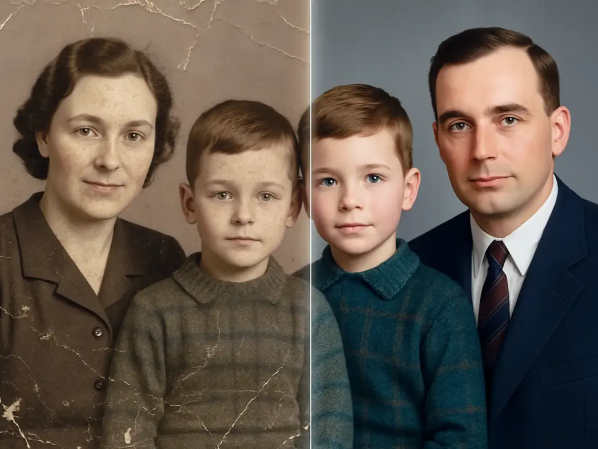 Old vintage family portrait restored into a clear modern color photo