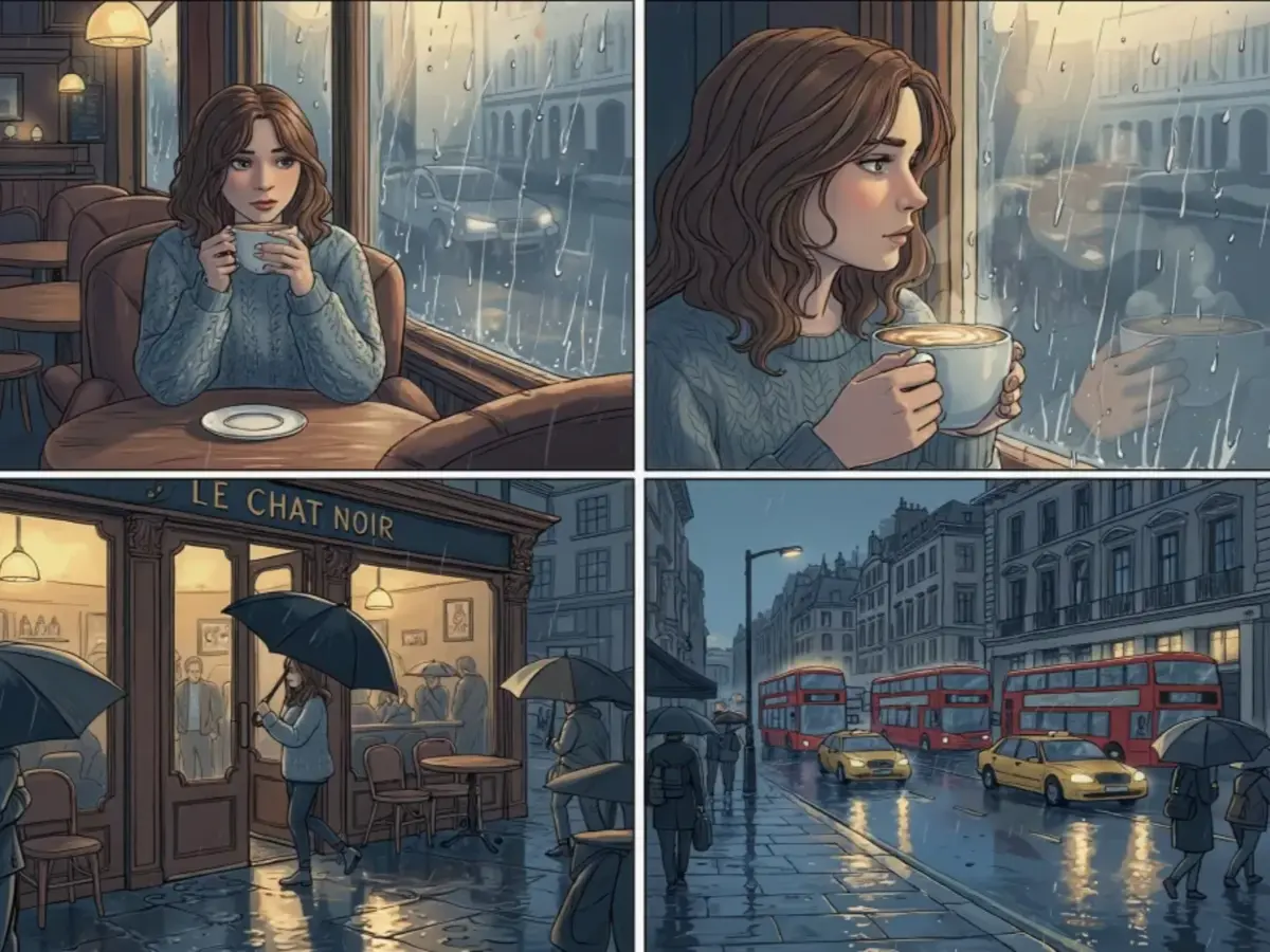 Illustrated woman drinking coffee indoors while watching the rainy street outside