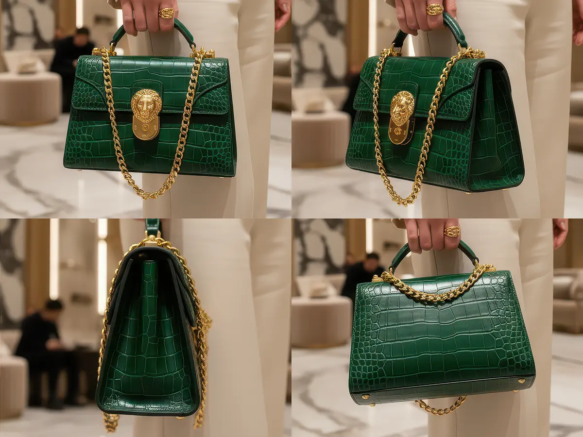 Collage of a luxury green crocodile leather handbag with gold chain and lion head clasp, shown from different angles