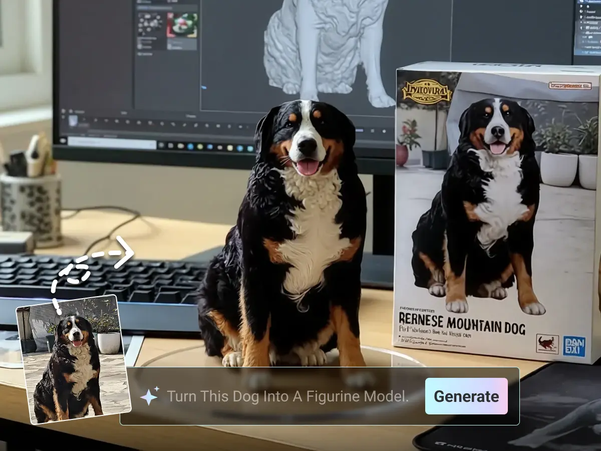 Nano Banana figure transforms a dog into a realistic figurine model.