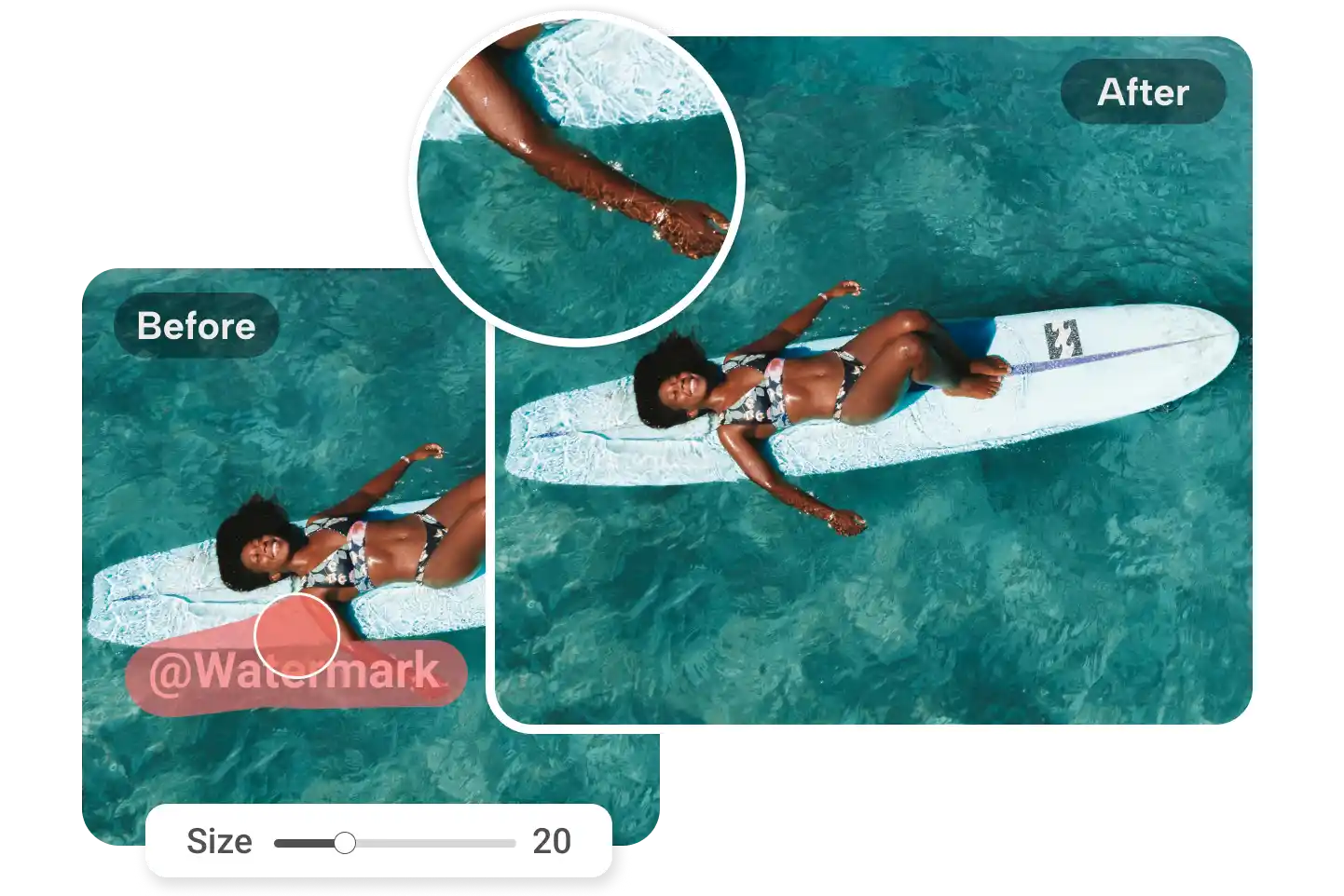 Uso del pincel manual para quitar marca de agua con precisión en foto de mujer surfeando