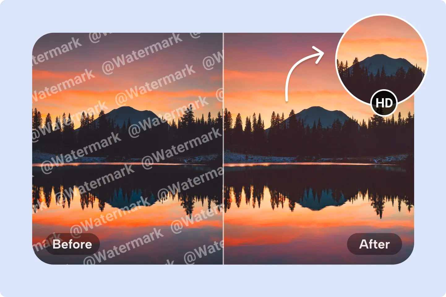 Antes y después del lago al atardecer, quitar marca de agua y conservar calidad HD