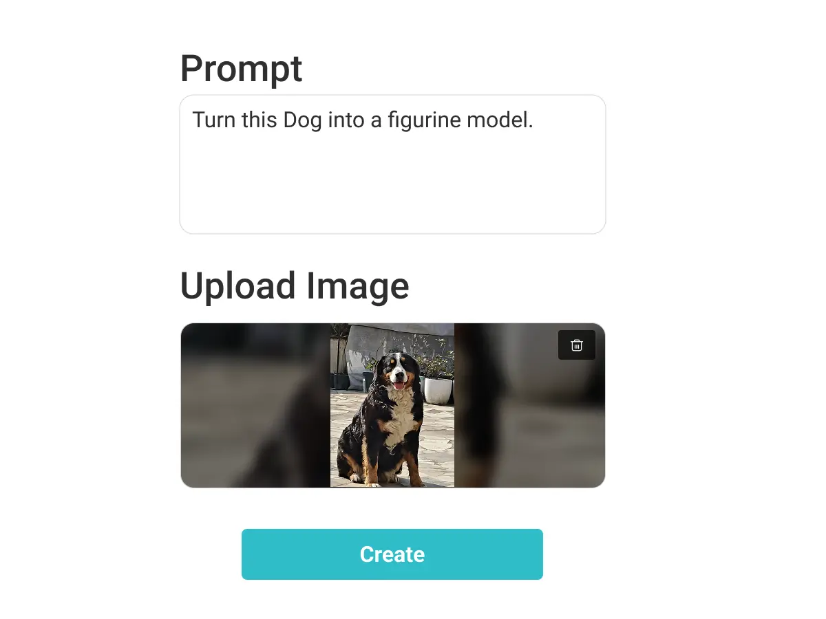 UI showing prompt input field and uploading pet photo before generating a figurine model with Nano Banana AI