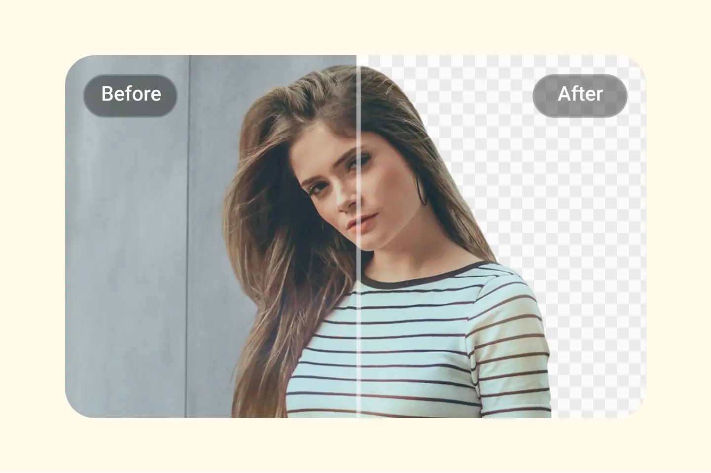 Comparación de retrato femenino antes y después de quitar fondo con IA