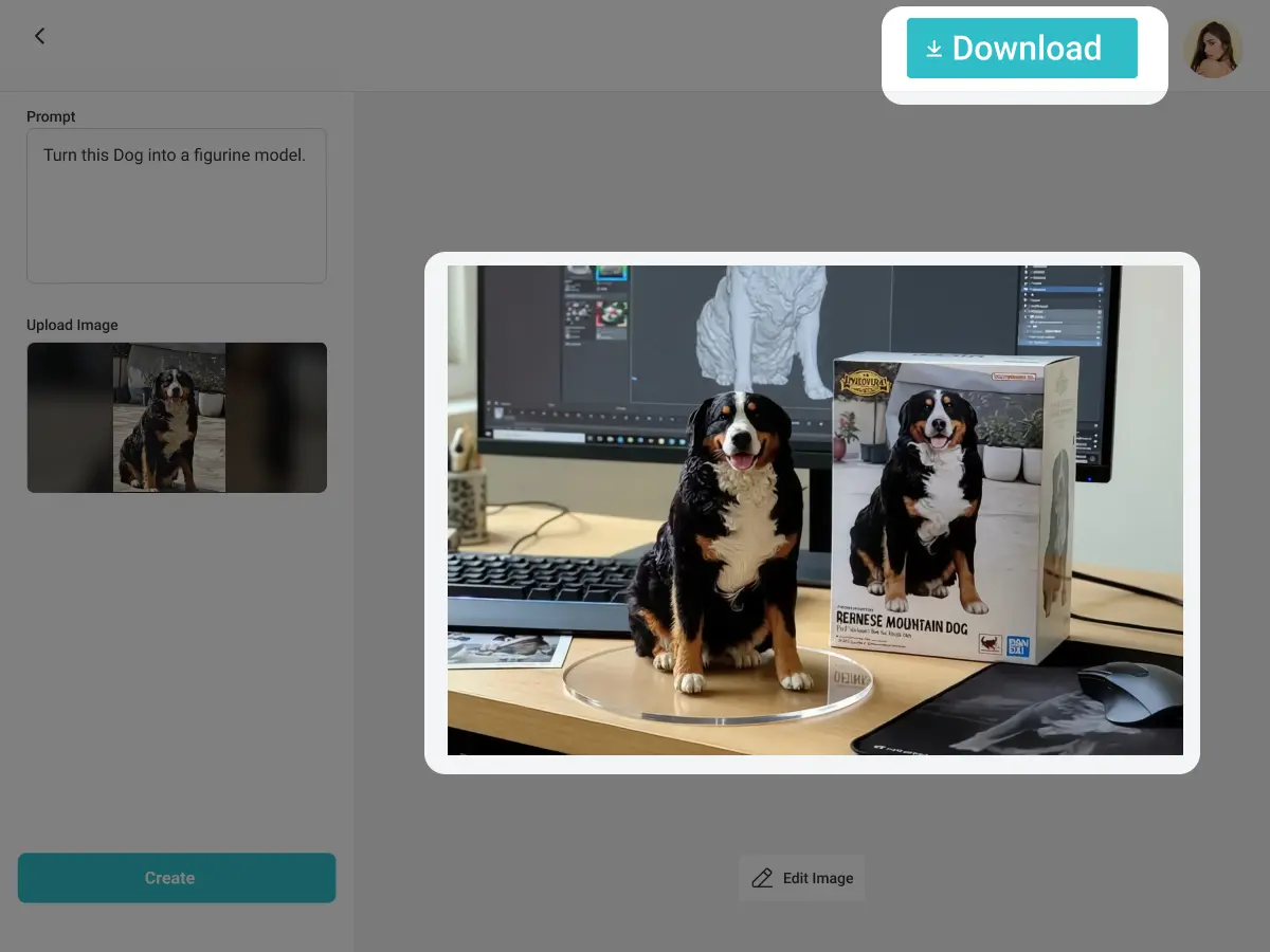 Download page showing created dog figurine model ready to save