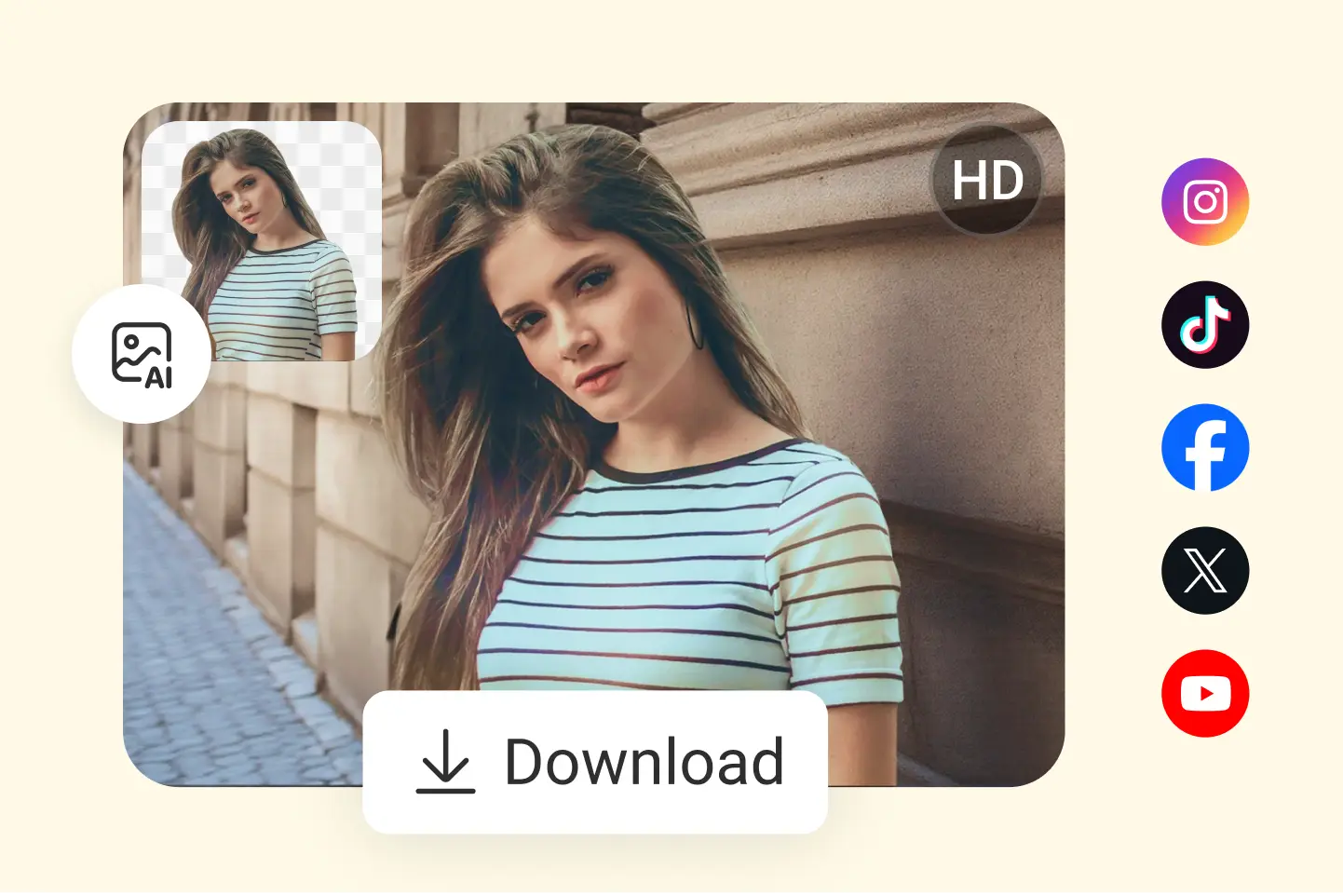 Retrato con fondo quitado por IA, listo para exportar en HD y compartir en Instagram o TikTok