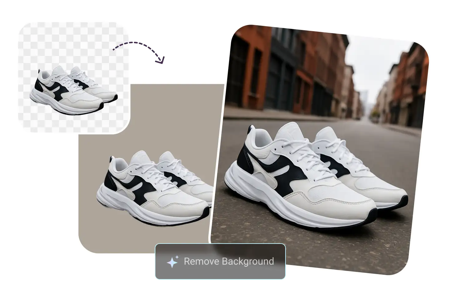 Zapatillas blancas con fondo quitado, mostradas en escenarios de estilo de vida y estudio
