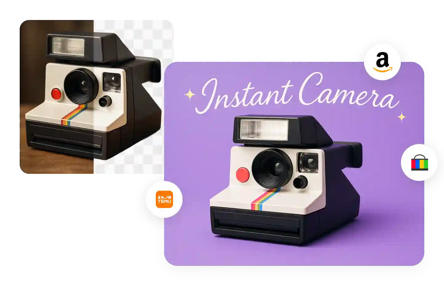 Cámara instantánea retro con fondo quitado y fondo morado para productos