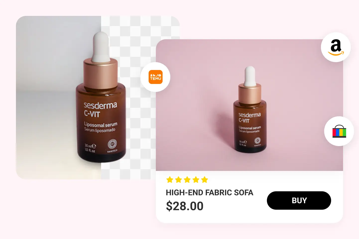 Suero facial con fondo quitado, en fondo rosa para venta en Amazon y Temu