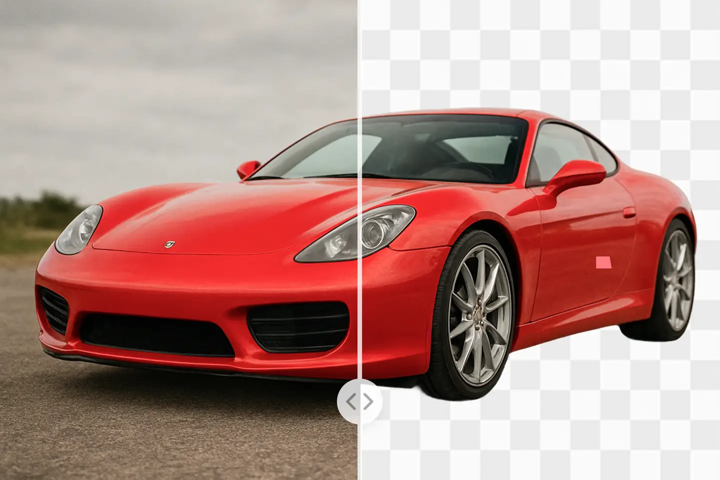 Coche deportivo rojo con fondo quitado y versión transparente al lado de la imagen original