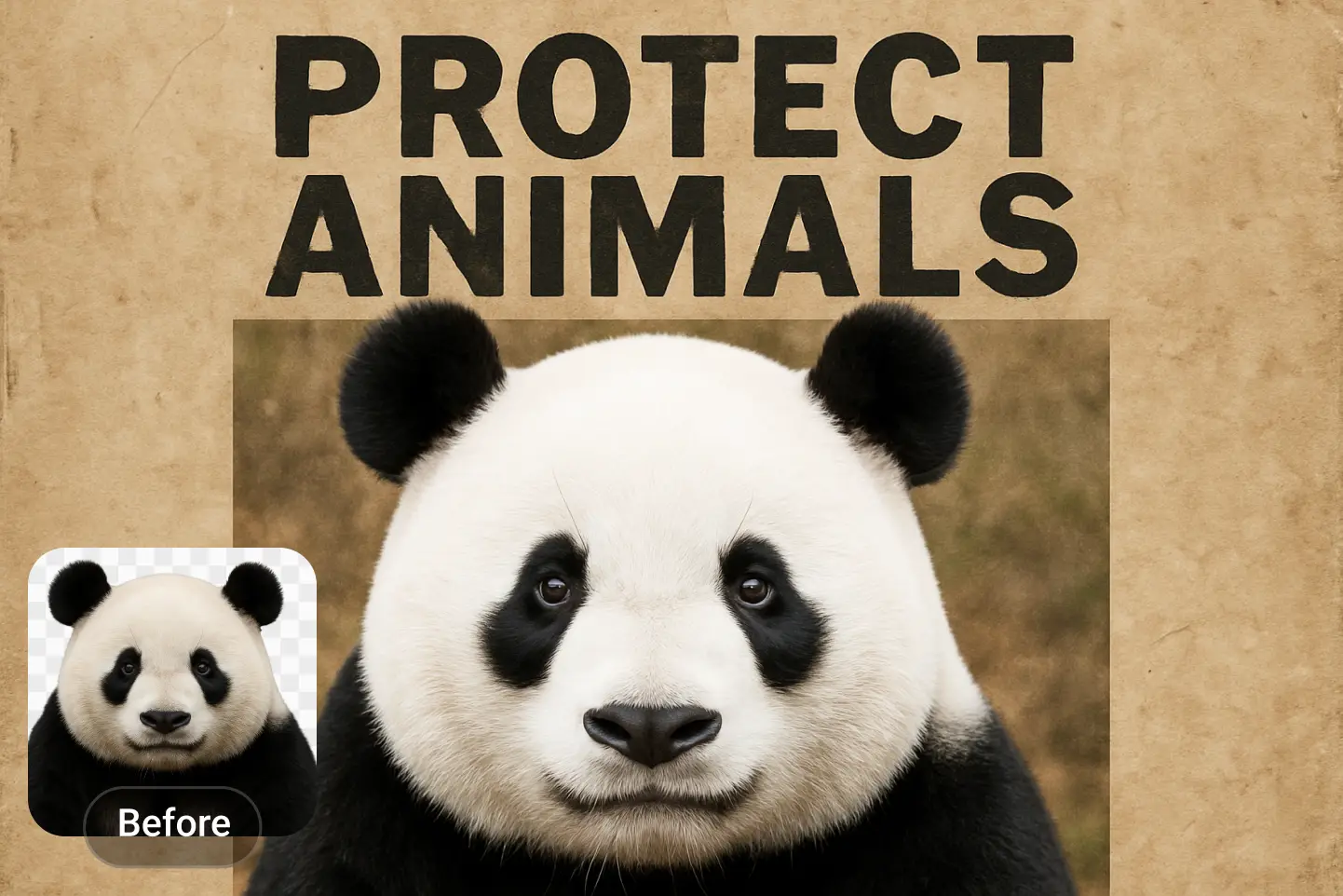 Foto de panda con fondo quitado, en cartel con el mensaje “Protege a los animales”