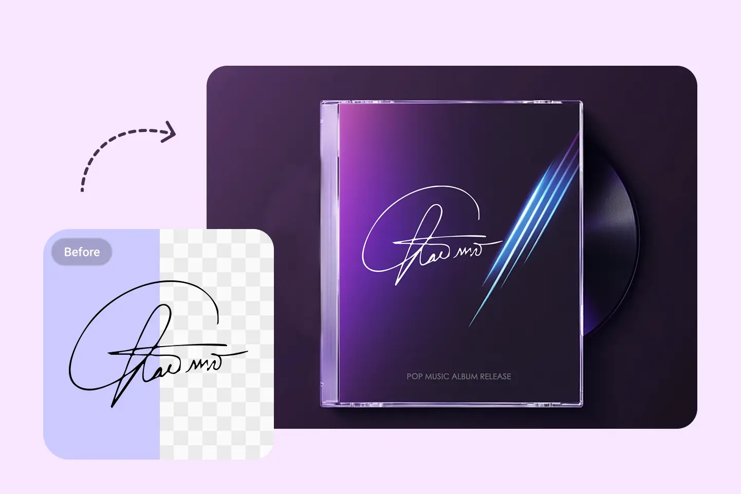 Firma estilizada con fondo quitado, sobre diseño de portada de álbum de pop